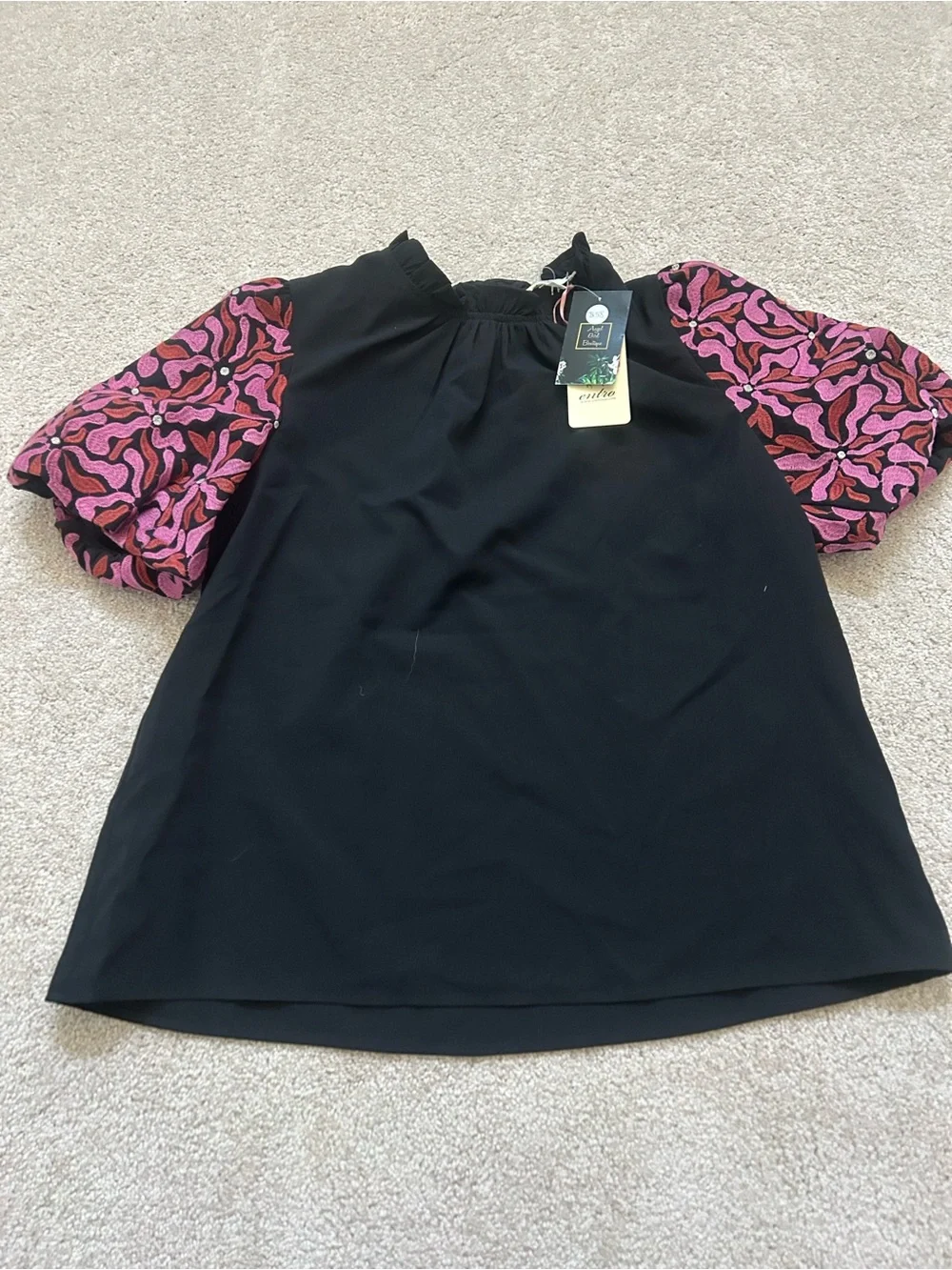 entro Black Top with Pink Patterned Puff Sleeves
